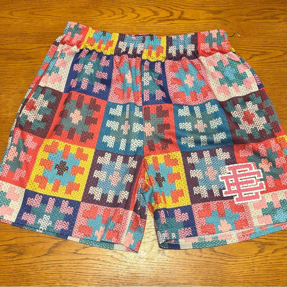 Eric Emanual Colorful Patchwork Crochet Mens Shor… - image 1